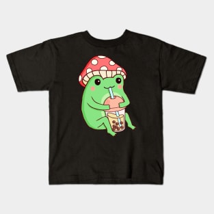 Boba Tea Bubble Frog mushroom hat Kawaii Cute Frog Drinking Boba Kids T-Shirt